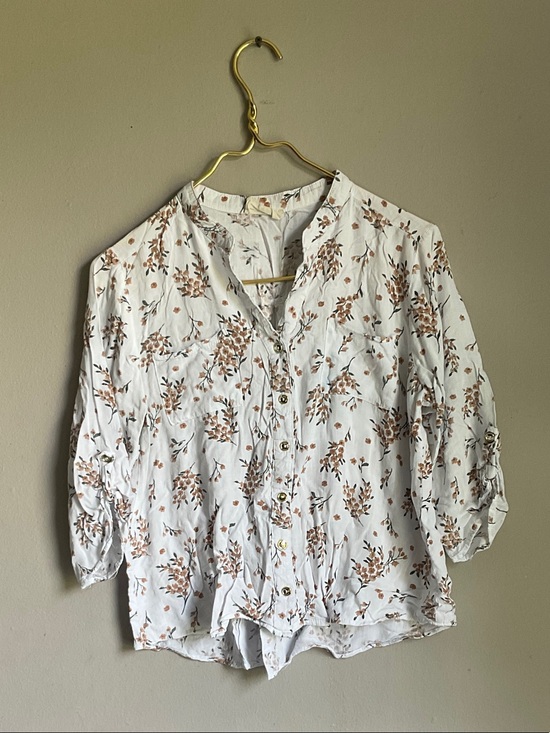 Ember Tops - Women's White Button-Down Blouse with Brown Floral Print
